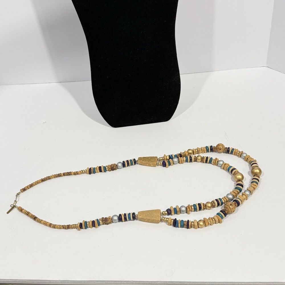 Vintage Casual Corner Double Strand Beaded Necklace Boho Wood Gold Tone Signed - Picture 12 of 16